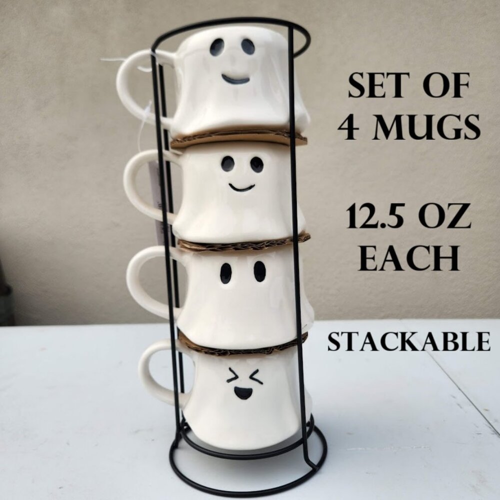 NEW Ceramic Ghost Mugs Mug Set of 4 Stacking Stackable White Stoneware Can hold